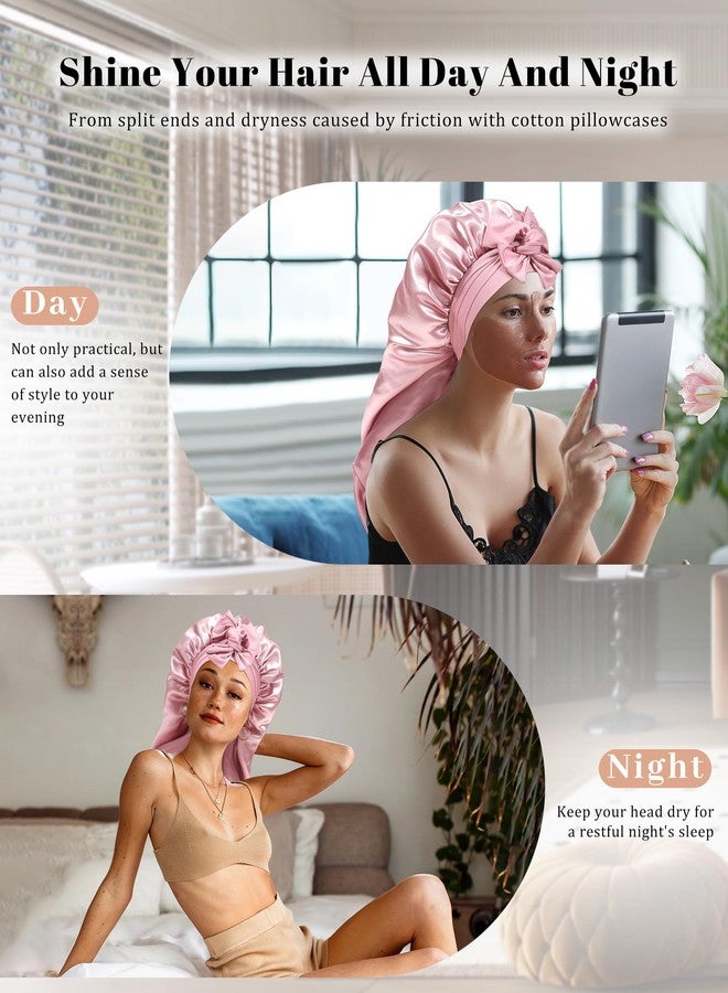 CHLINS Long Bonnet Satin Bonnet for Sleeping Women Double Layer Hair Bonnet Braid Bonnet with Stretchy Tie Band(Pink) - Image 4